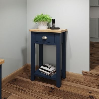 Product photograph of Westbridge Tall Side Table Oak Blue 1 Shelf 1 Drawer from QD stores